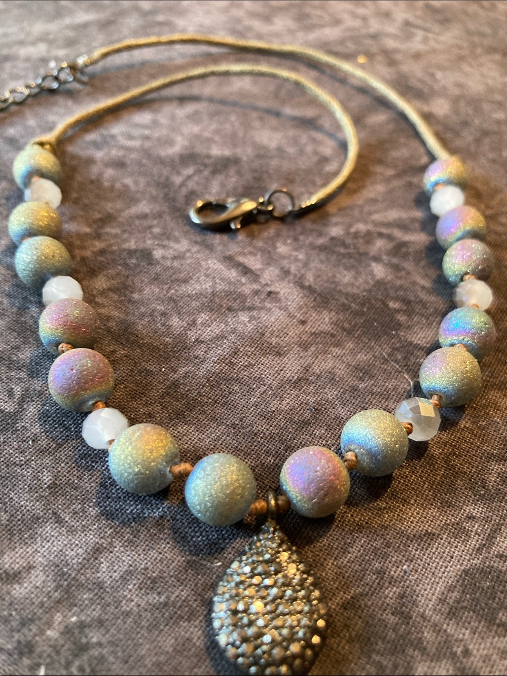 Iridescent Gold-Tone Beaded Necklace with Pavé Teardrop Pendant